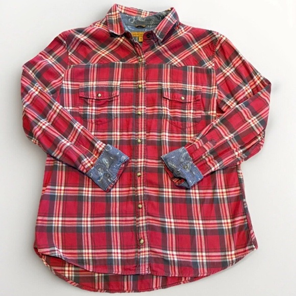 JACHS Girlfriend Tops - Women’s Bea Jachs Girlfriend Flannel. Red pearl snap buttons. Flipped cuff M